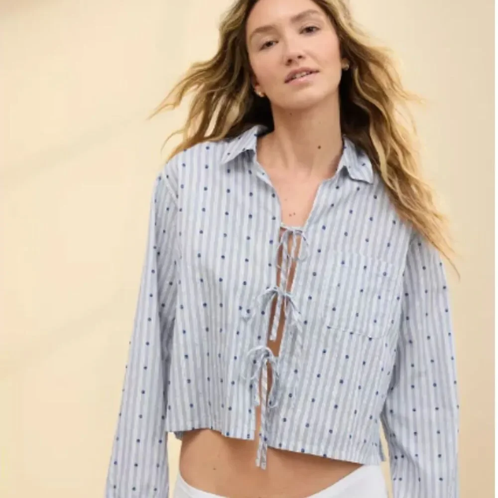 Aerie Off-Duty Poplin Tie Front Pajama Shirt Sz XL Blue Loungewear Streetwear